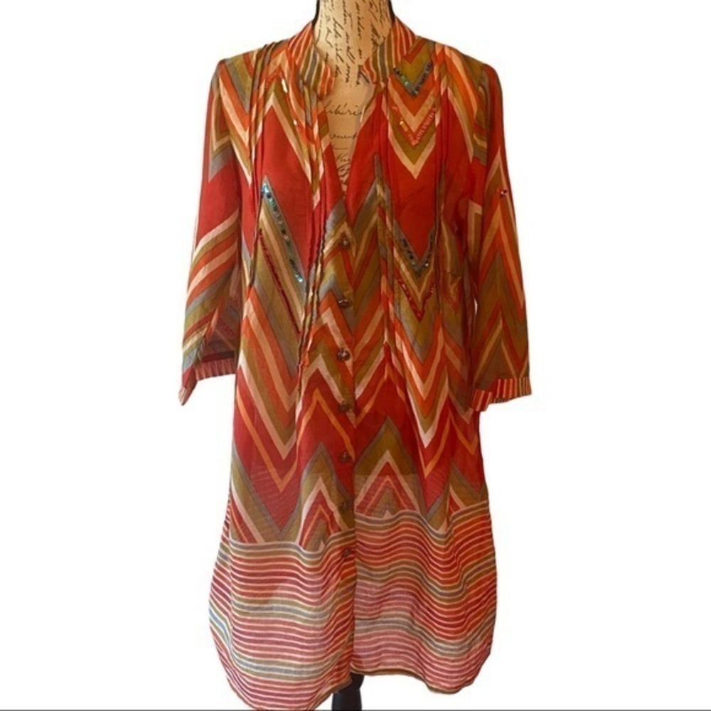 Naila Women's Orange Multi Chevron Beach Shirt Size M